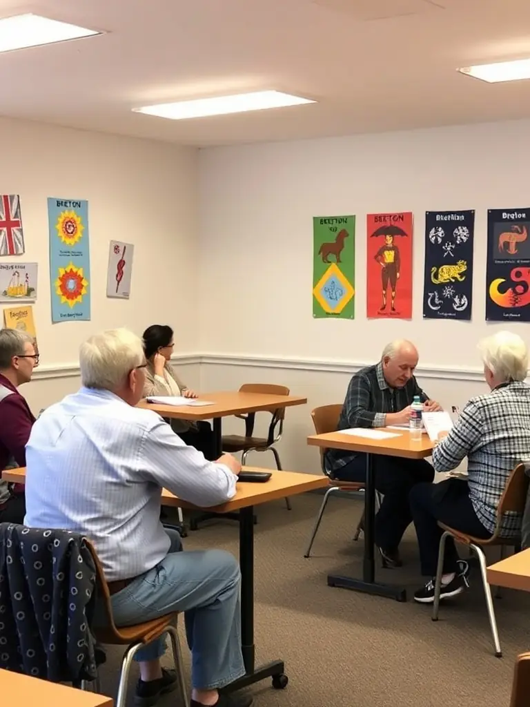 A photograph of adults engaged in a Breton language workshop, learning phrases and cultural nuances from a native speaker.