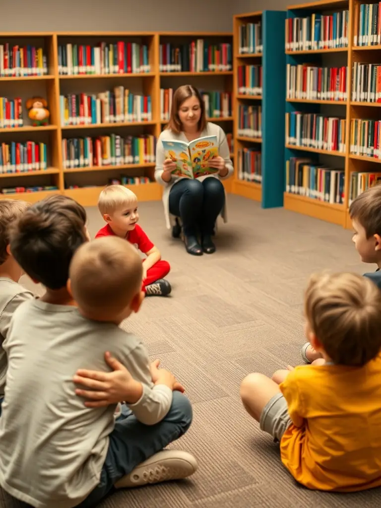 A group of children sitting in a circle, listening attentively as a librarian reads aloud from a colorful picture book during a storytelling session at LEVRAOUEG BREIZH.
