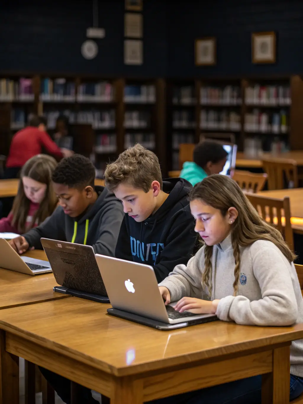 A picture of library patrons attending a digital literacy workshop, learning how to use computers and access online resources.