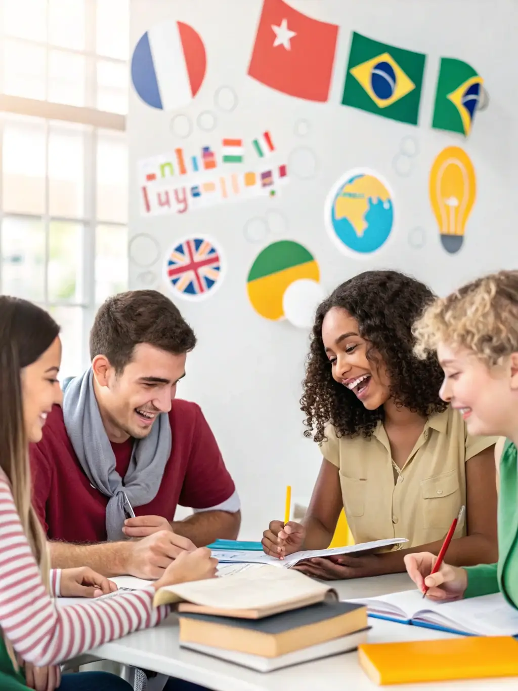 A diverse group of adults participating in a language learning workshop at LEVRAOUEG BREIZH, focused on preserving and promoting the Breton language.