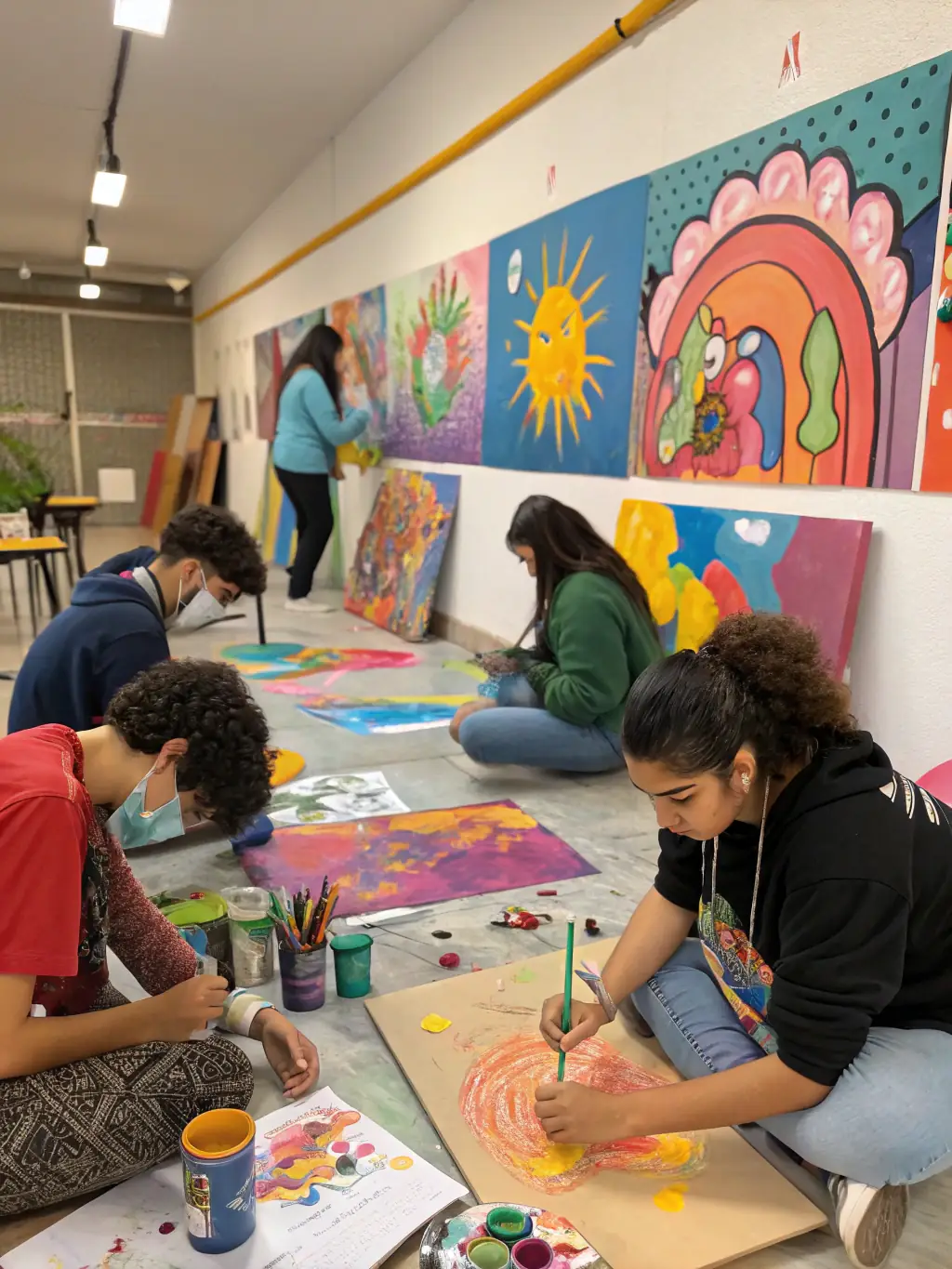 An image of teenagers working on a collaborative art project during a cultural heritage program at the library.