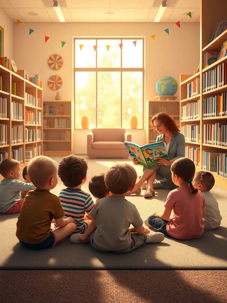 A vibrant image of children participating in a storytelling session at the library, with a librarian reading aloud from a colorful picture book.